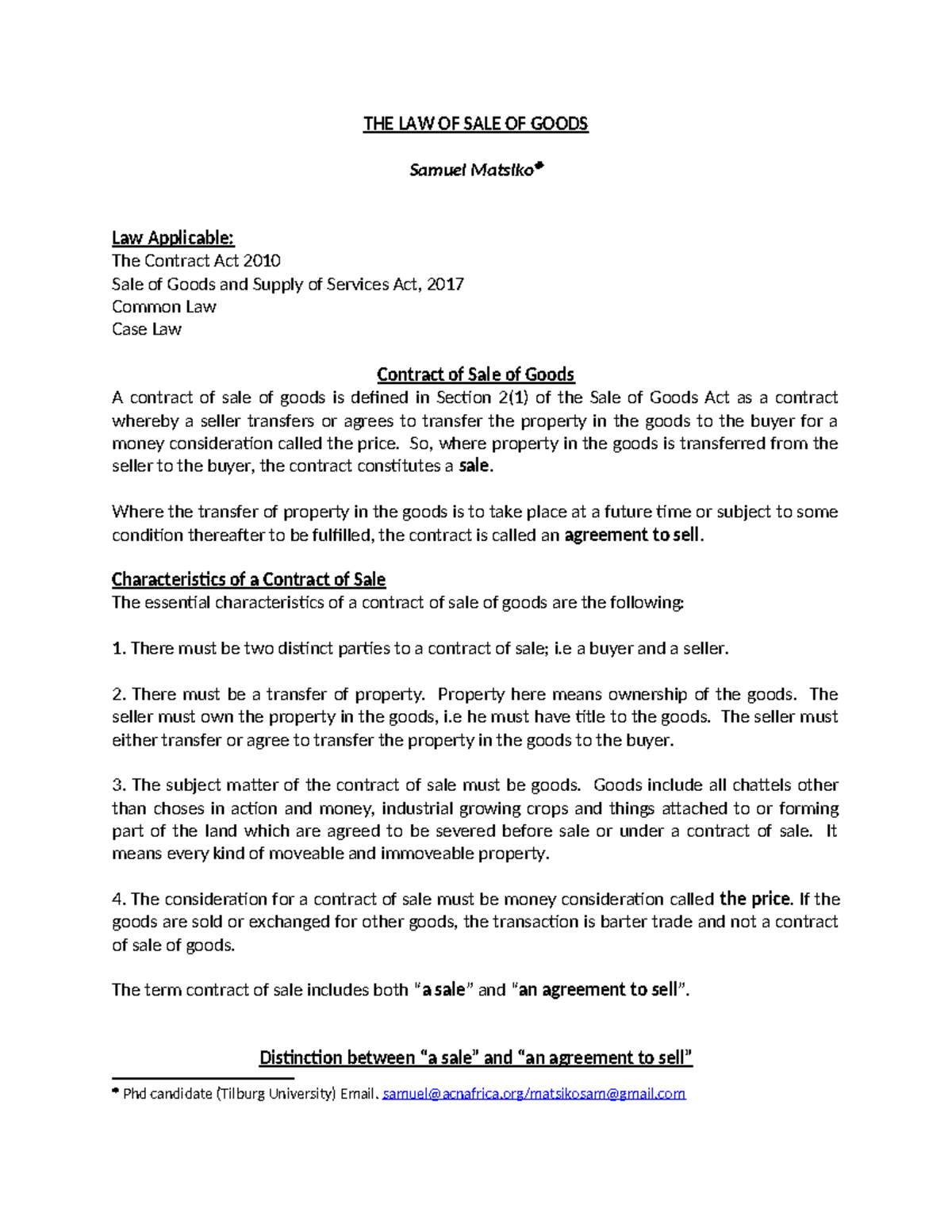 Law of Sale of Goods: Key Concepts and Characteristics Overview - Studocu