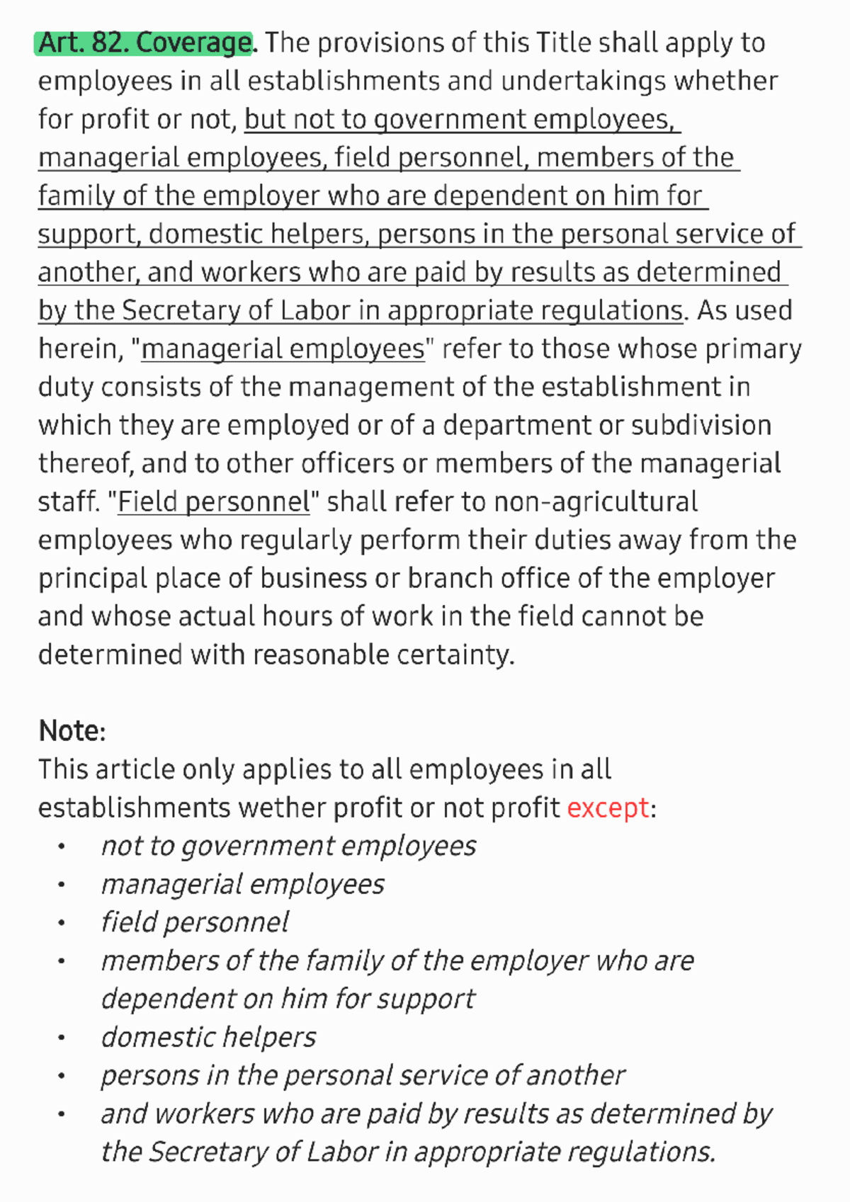 LAW 321: Employee Coverage and Work Regulations (ART 82-97) - Studocu