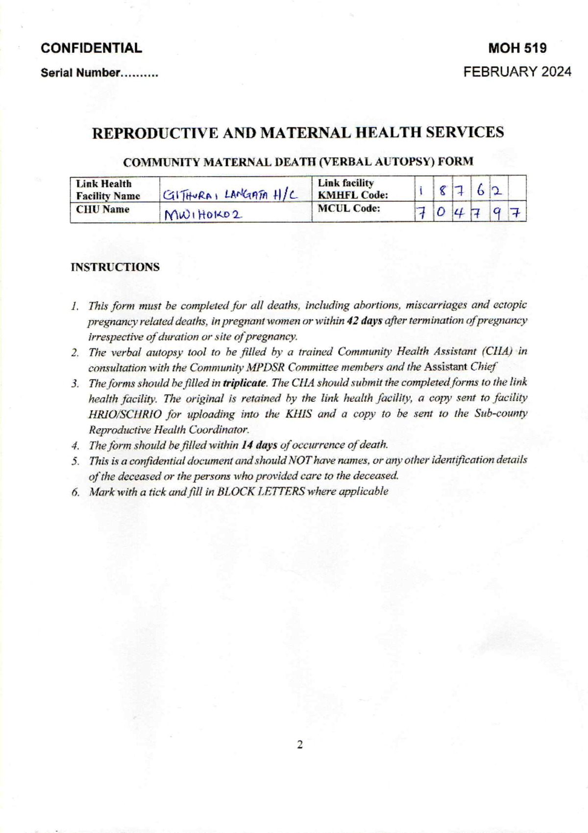 Community Maternal Death Verbal Autopsy Form MOH 519 - Feb 2024 - Studocu