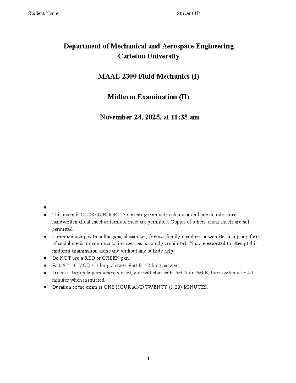 MAAE 2300 Fluid Mechanics I Midterm Exam II Solutions F25 - Studocu