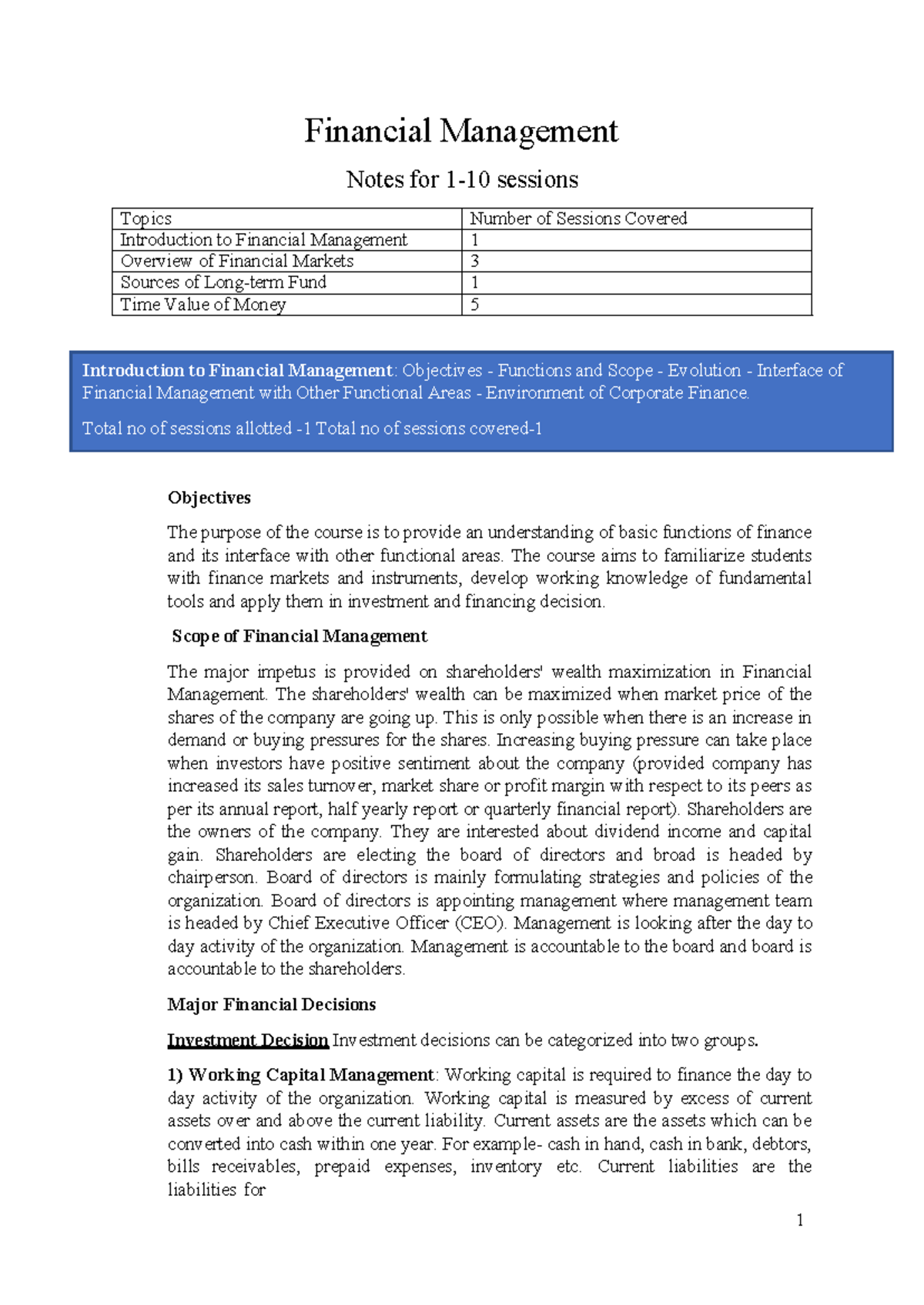 Financial Management Notes (FM 101): Key Concepts & Topics Overview ...