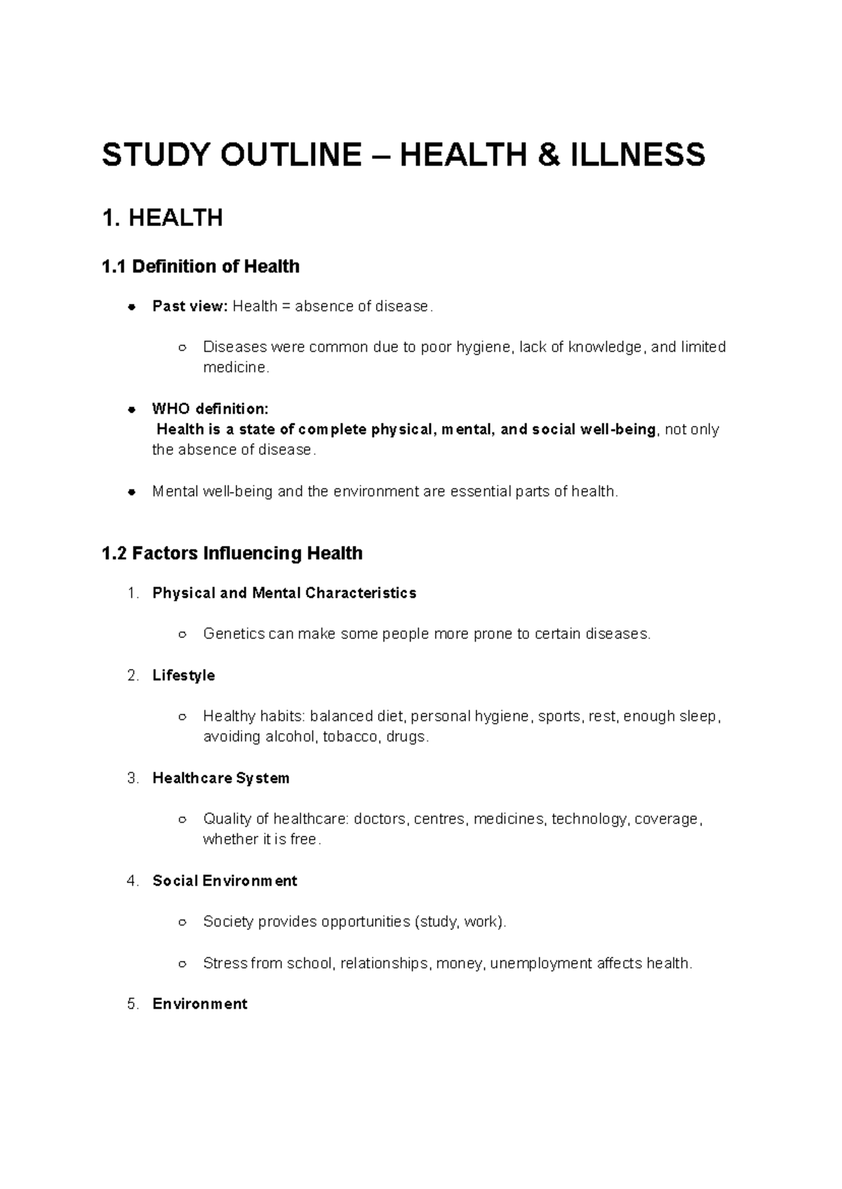 Study Outline – Health & Illness - Studocu