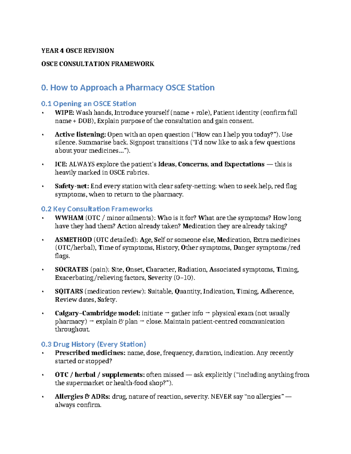 YEAR 4 OSCE REVISION: Key Consultation Frameworks and Techniques - Studocu