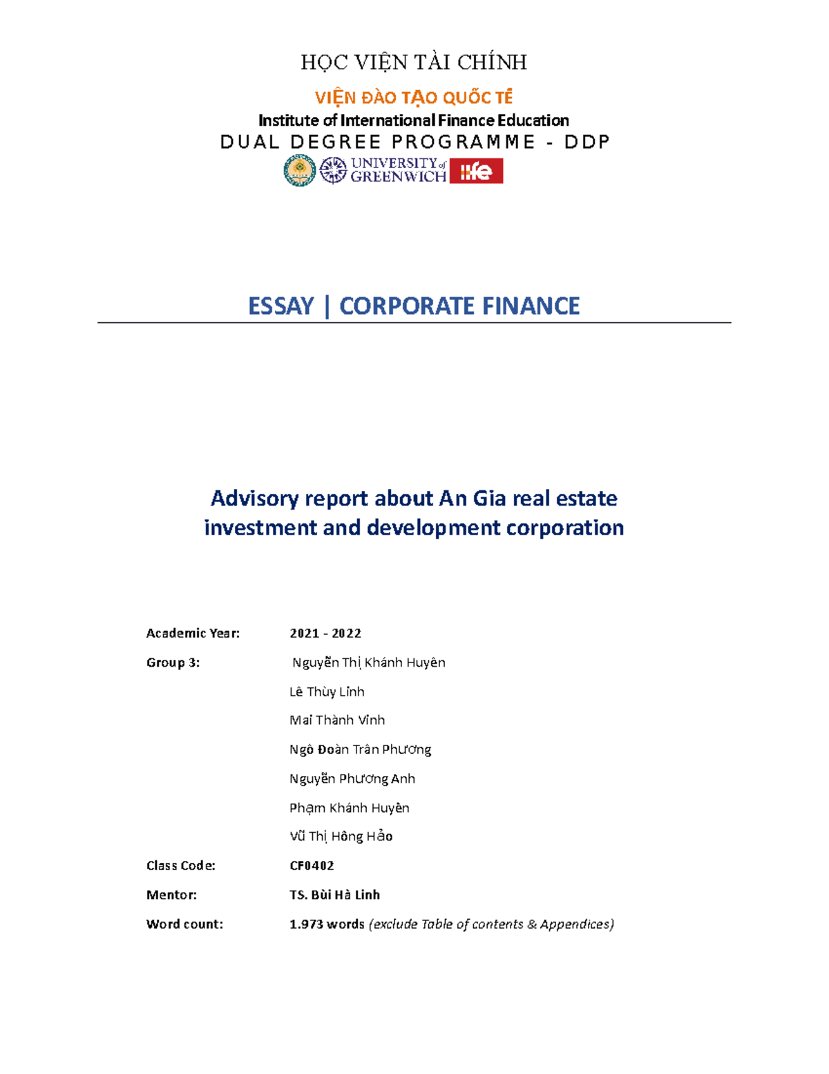 Advisory Report on An Gia Real Estate (AGG) - CF Group 3 Essay - Studocu
