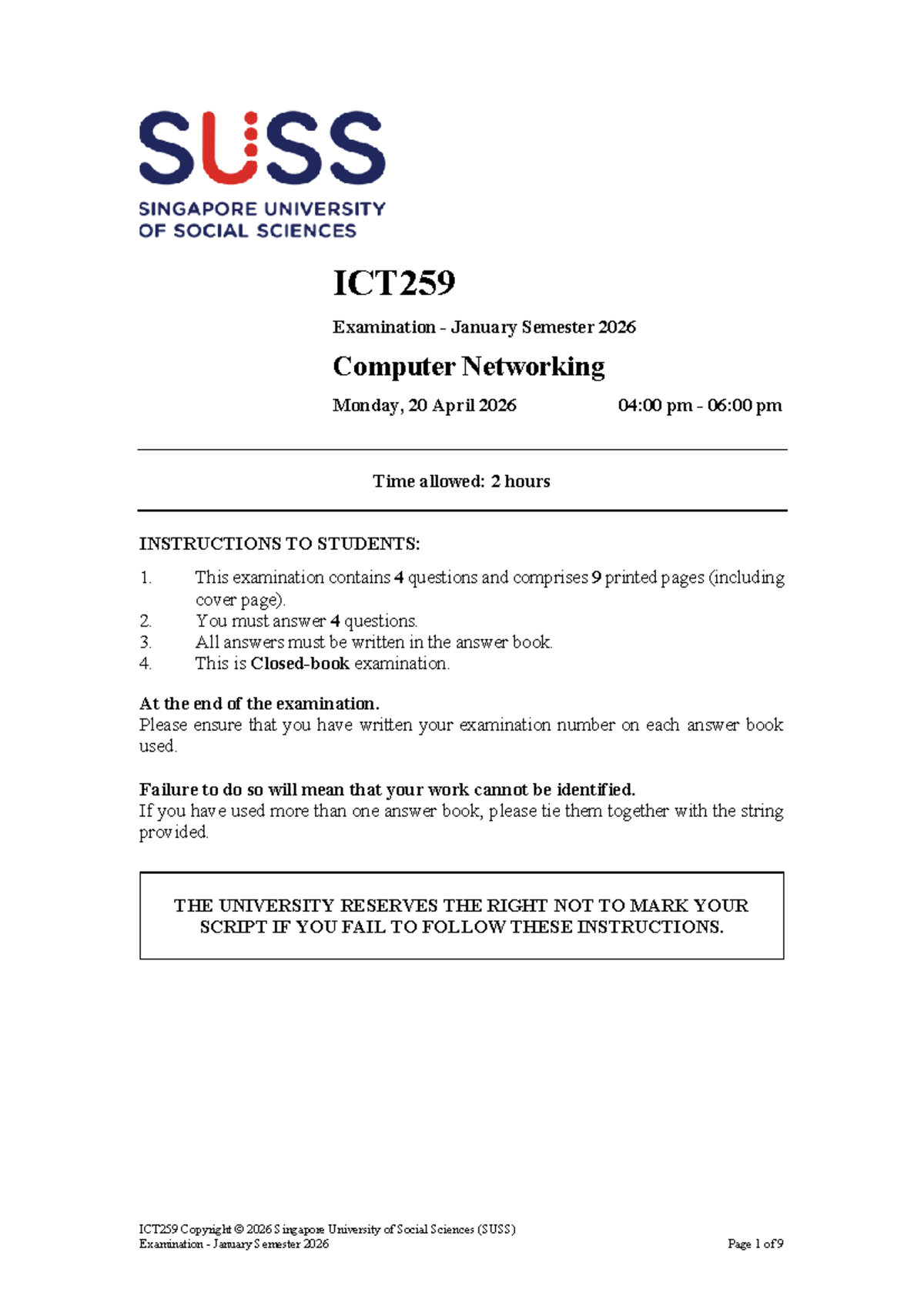 ICT259 January 2026 Exam Questions - Computer Networking - Studocu
