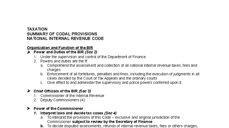 NIR CODE SUMMARY: ORGANIZATION & FUNCTIONS OF THE BIR - Studocu
