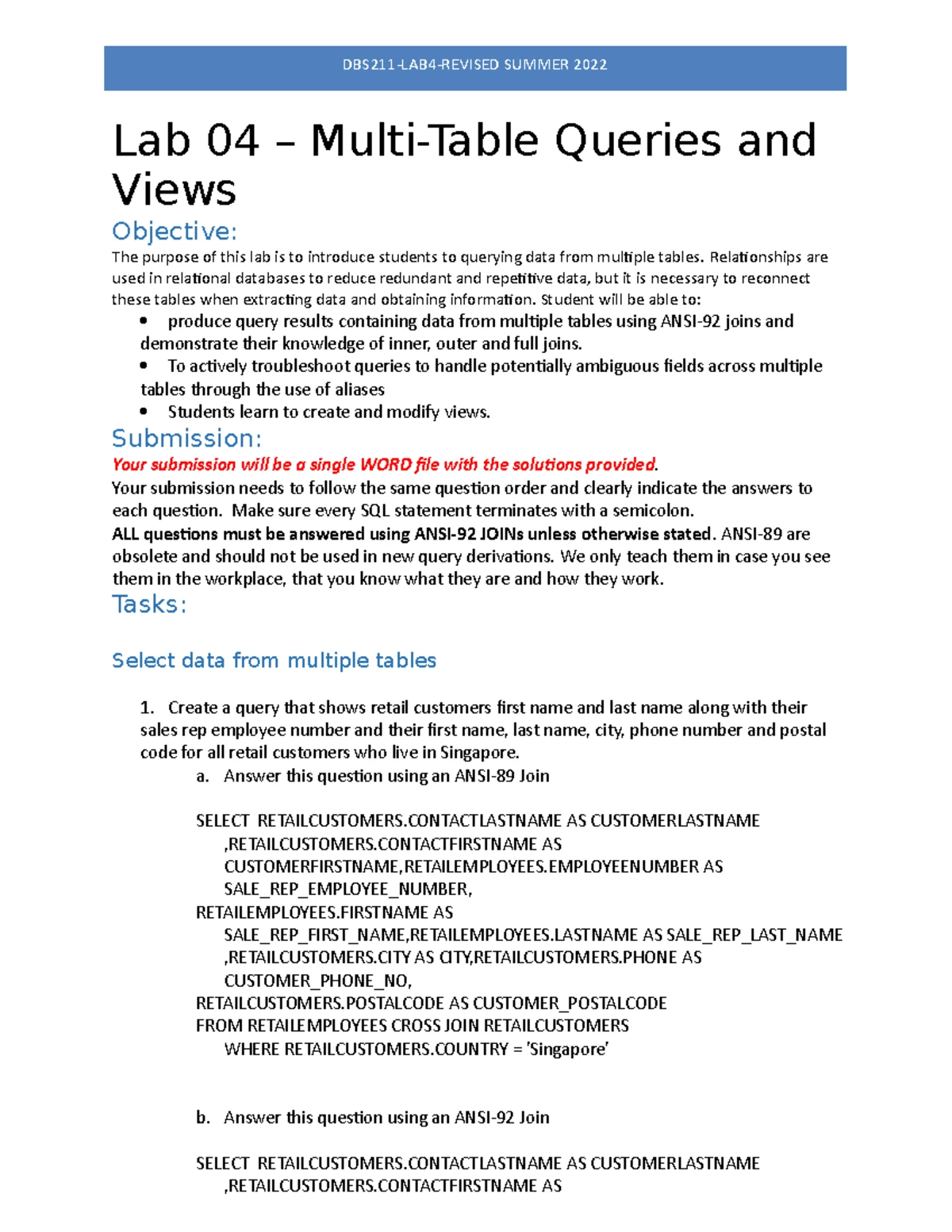 DBS211-Assignment 01 - SQL Queries and Guidelines - Studocu