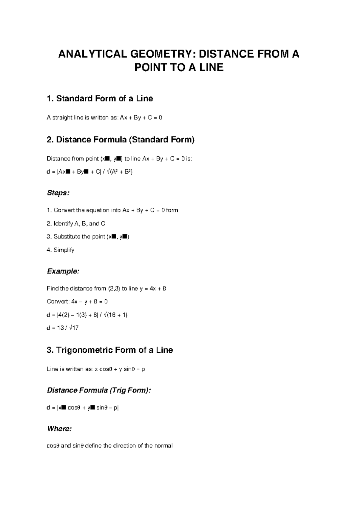 ANALYTICAL GEOMETRY: DISTANCE FROM POINT TO LINE NOTES - Studocu