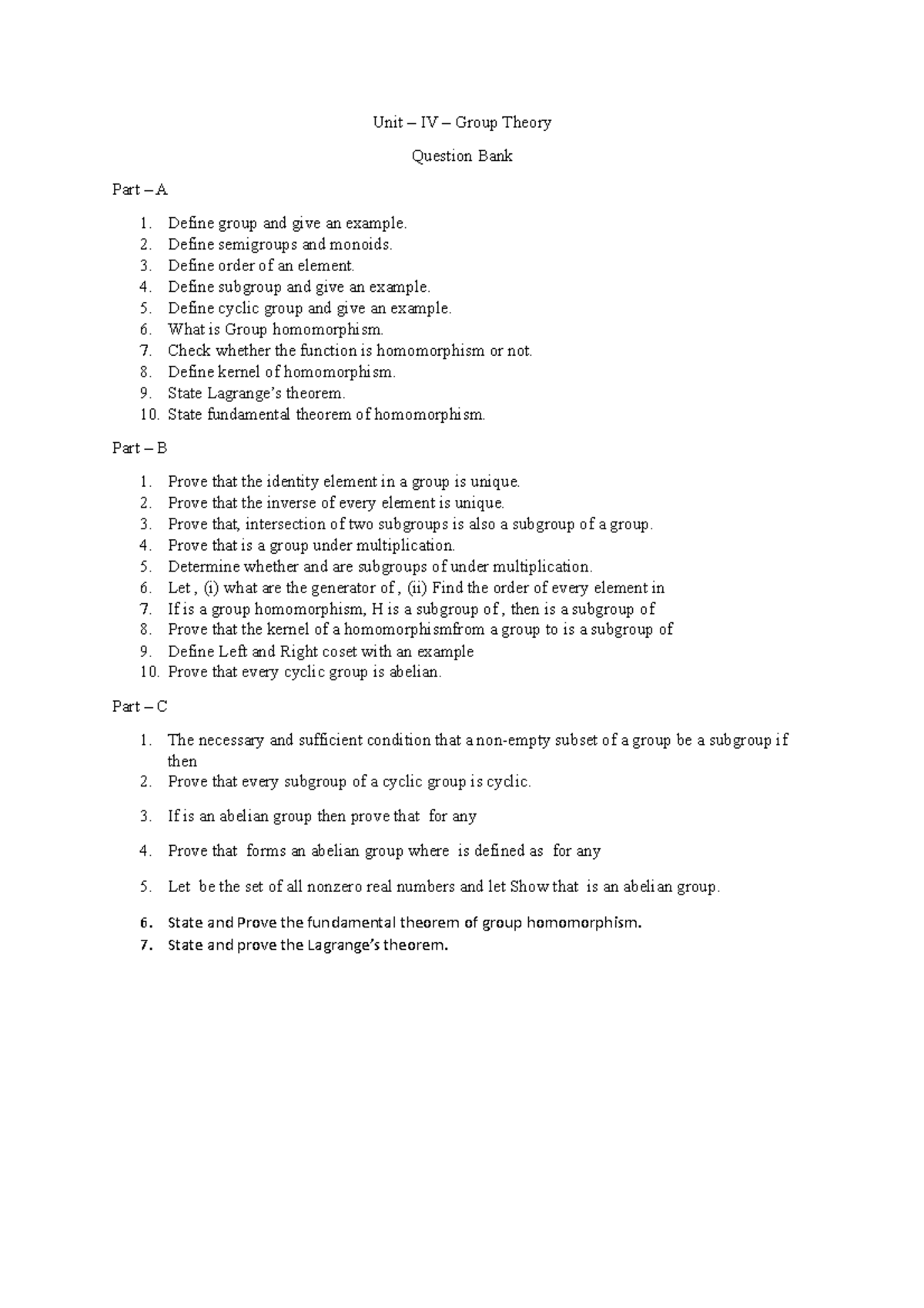 Question Bank - Group Theory (Unit IV) - Studocu