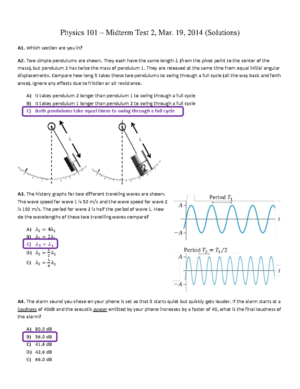 Exam 19 March 2014, Questions and answers - Physics 101 – Midterm Test ...
