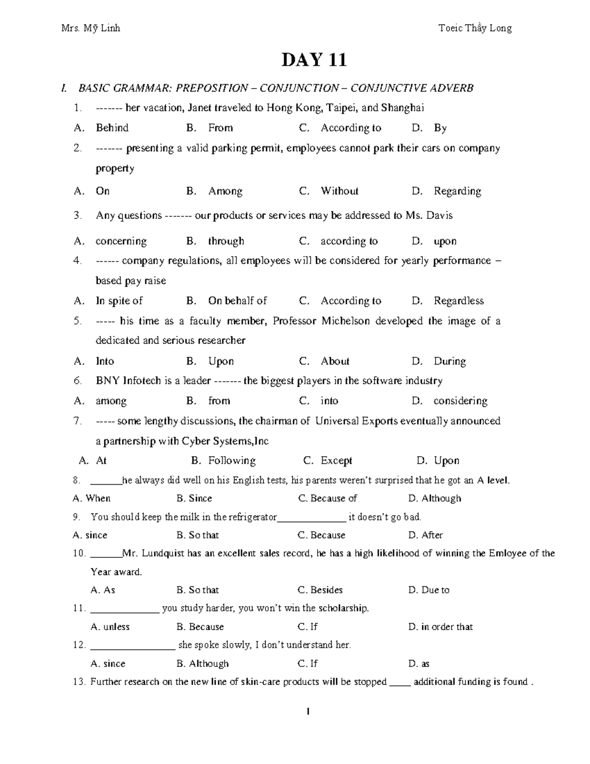Mrs. Mỹ Linh TOEIC Thầy Long - Day 11 Grammar Practice: Prepositions ...