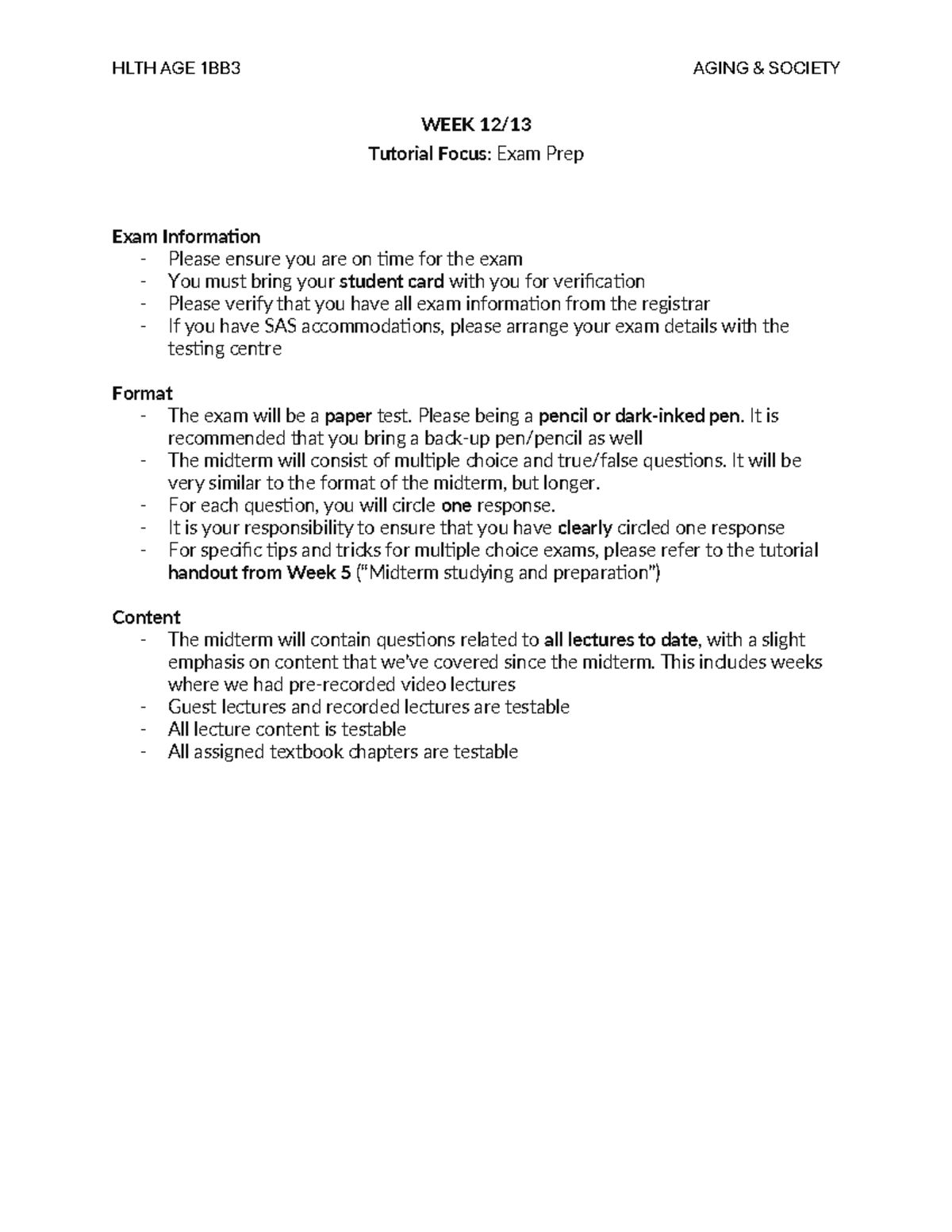 Week 12 and 13 Tutorial - Exam prep Winter 2025 - HLTH AGE 1BB3 AGING ...