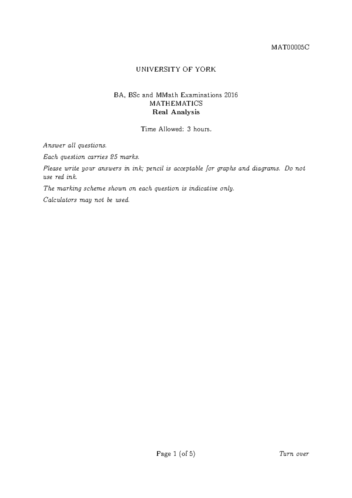 Real Analysis Exam 2016 Solutions - MAT00005C - Studocu