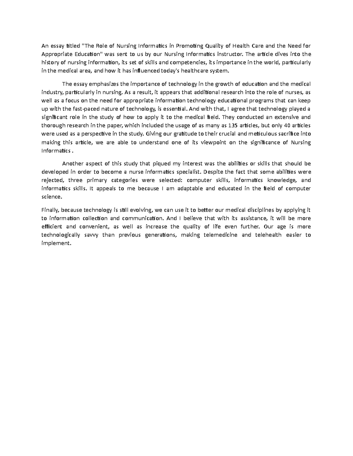 Nursing Informatics & Quality Health Care: Reflections on Education ...