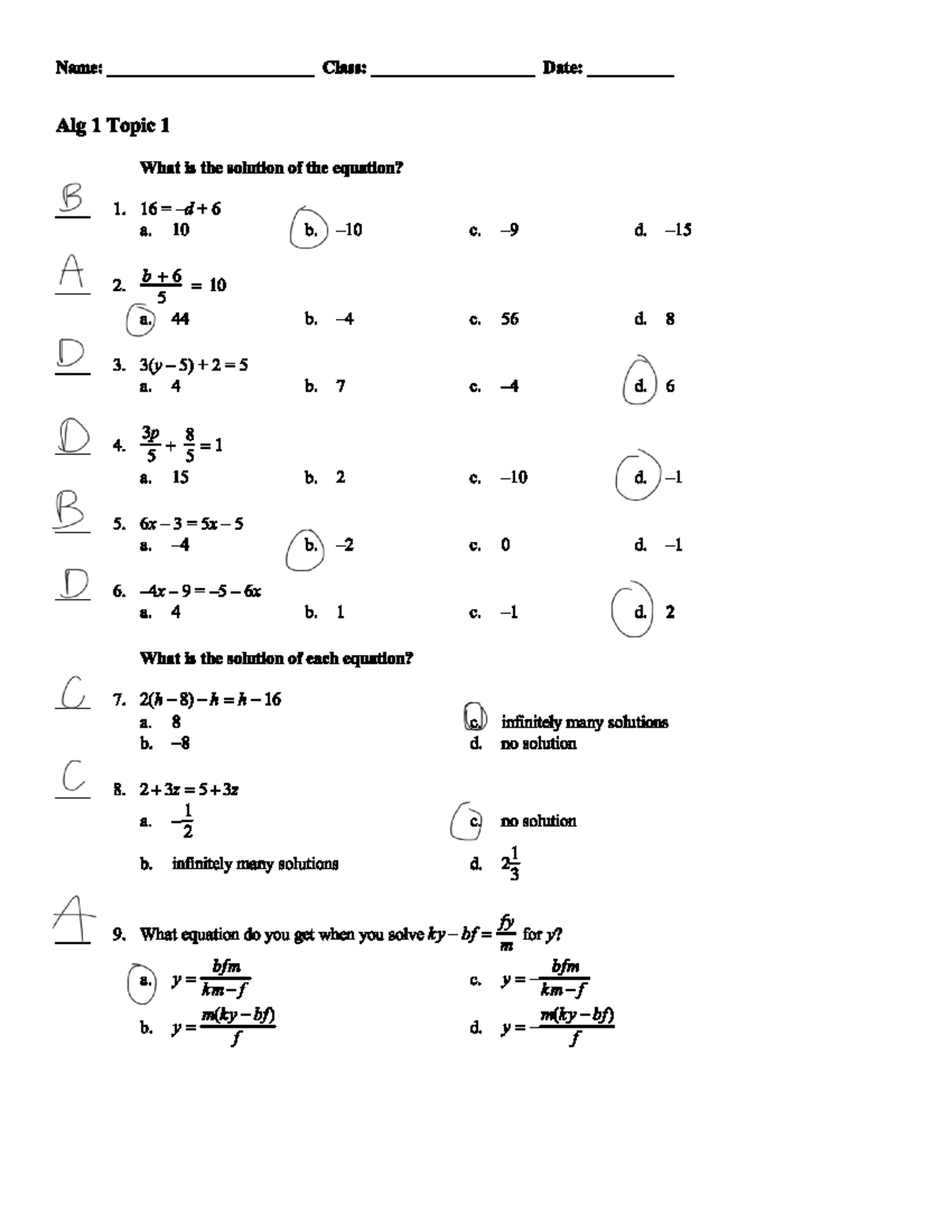 Alg 1 Practice Test 1: Solving Equations and Inequalities - Studocu