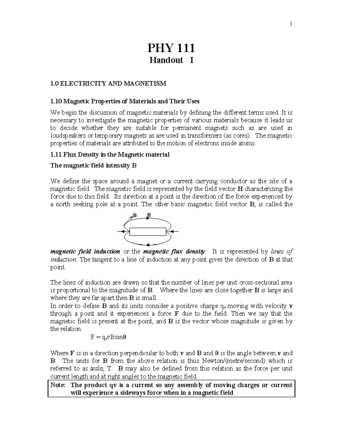 PHY 111 Handout I: Electricity and Magnetism Overview - Studocu
