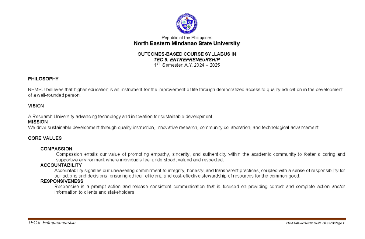 TEC 9: Entrepreneurship Course Syllabus for 1st Sem A.Y. 2024-2025 ...