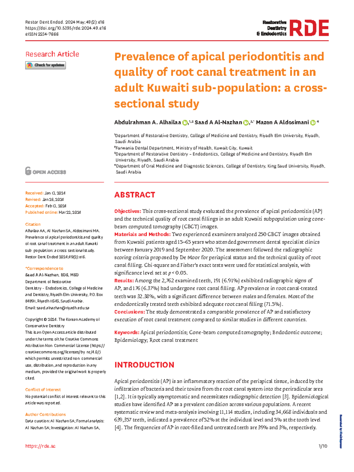 Prevalence of Apical Periodontitis & RCT Quality in Kuwaiti Adults: A ...