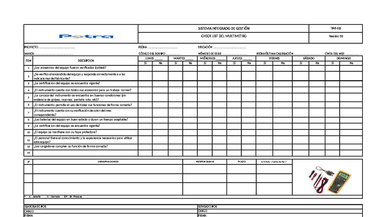 Check List del Multímetro - Sistema de Gestión (Versión 00) - Studocu