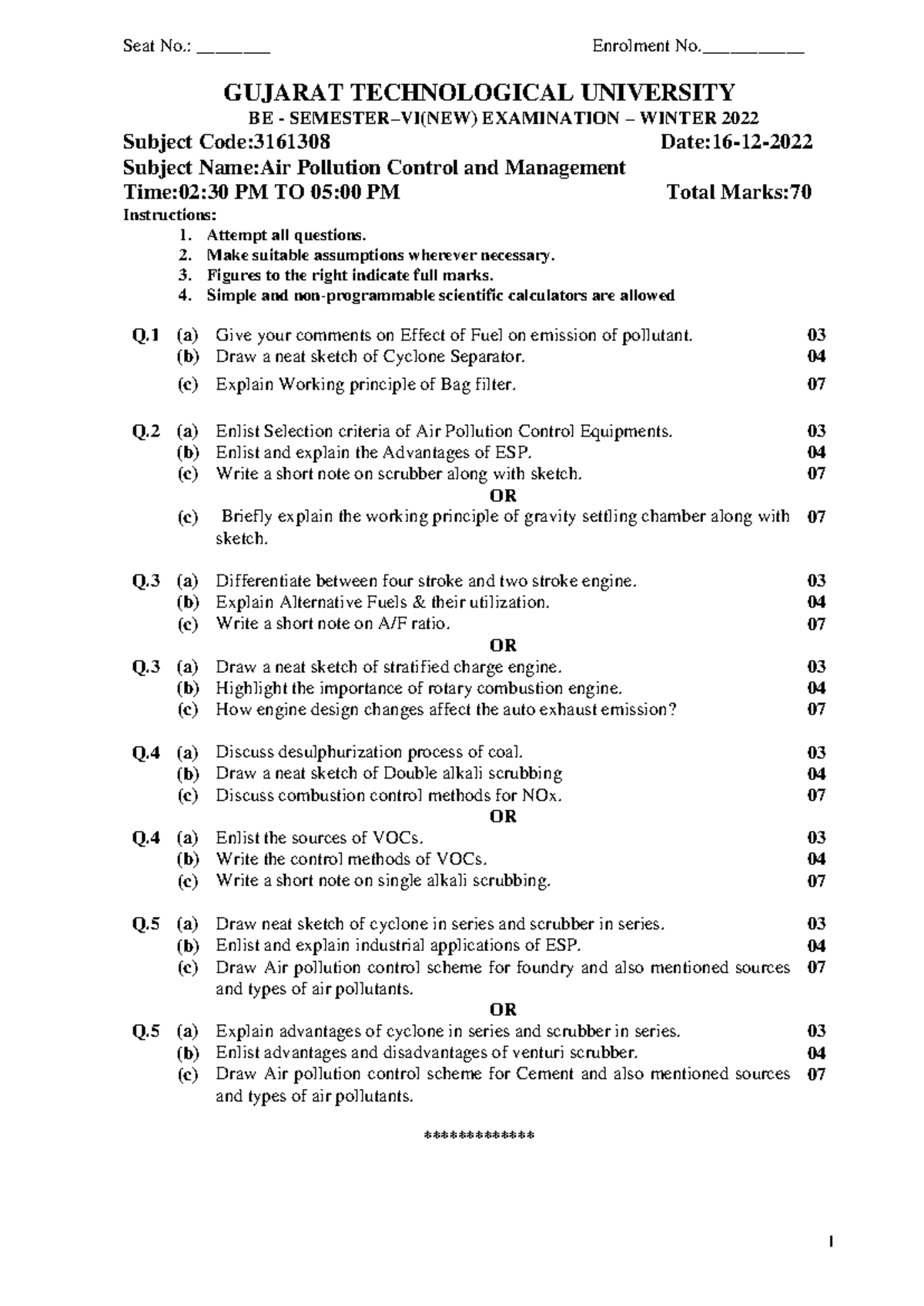 3161308 BE Winter 2022 - Key Questions for Air Pollution Control Exam ...