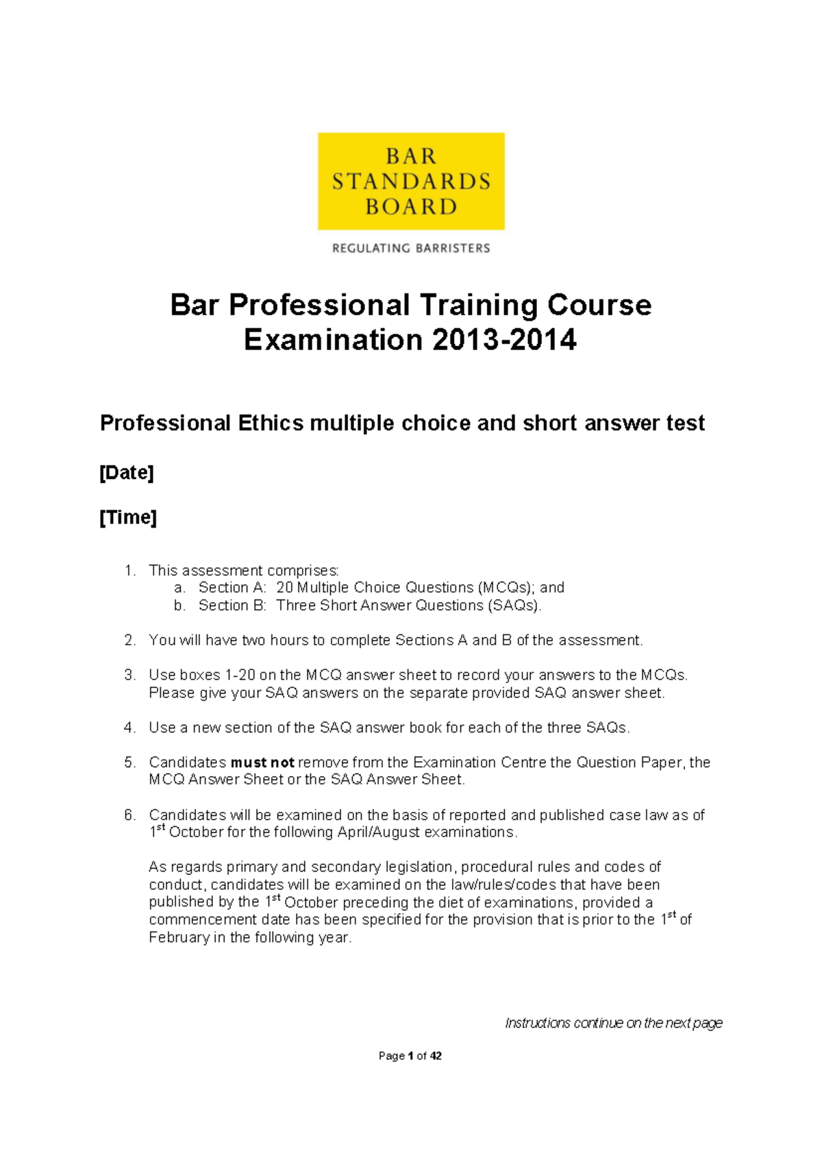 Bar Professional Training Course Exam: Professional Ethics Mock Test (P ...