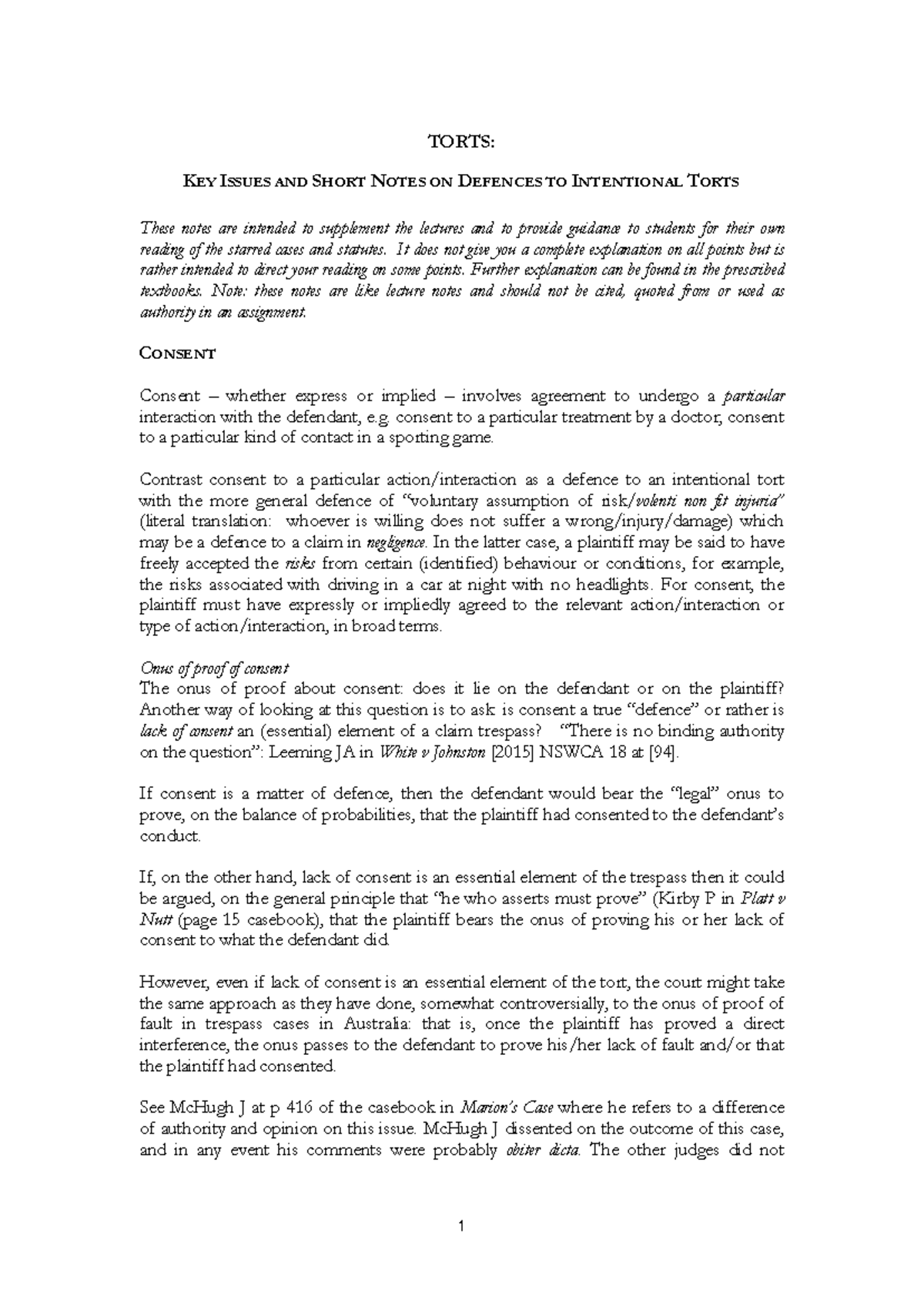 Notes on Defences to Intentional Torts - TORTS 2023 Lecture Guide - Studocu