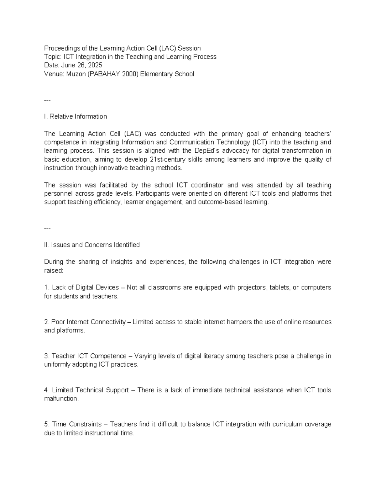 LAC Session Proceedings: ICT Integration in Teaching (June 2025) - Studocu