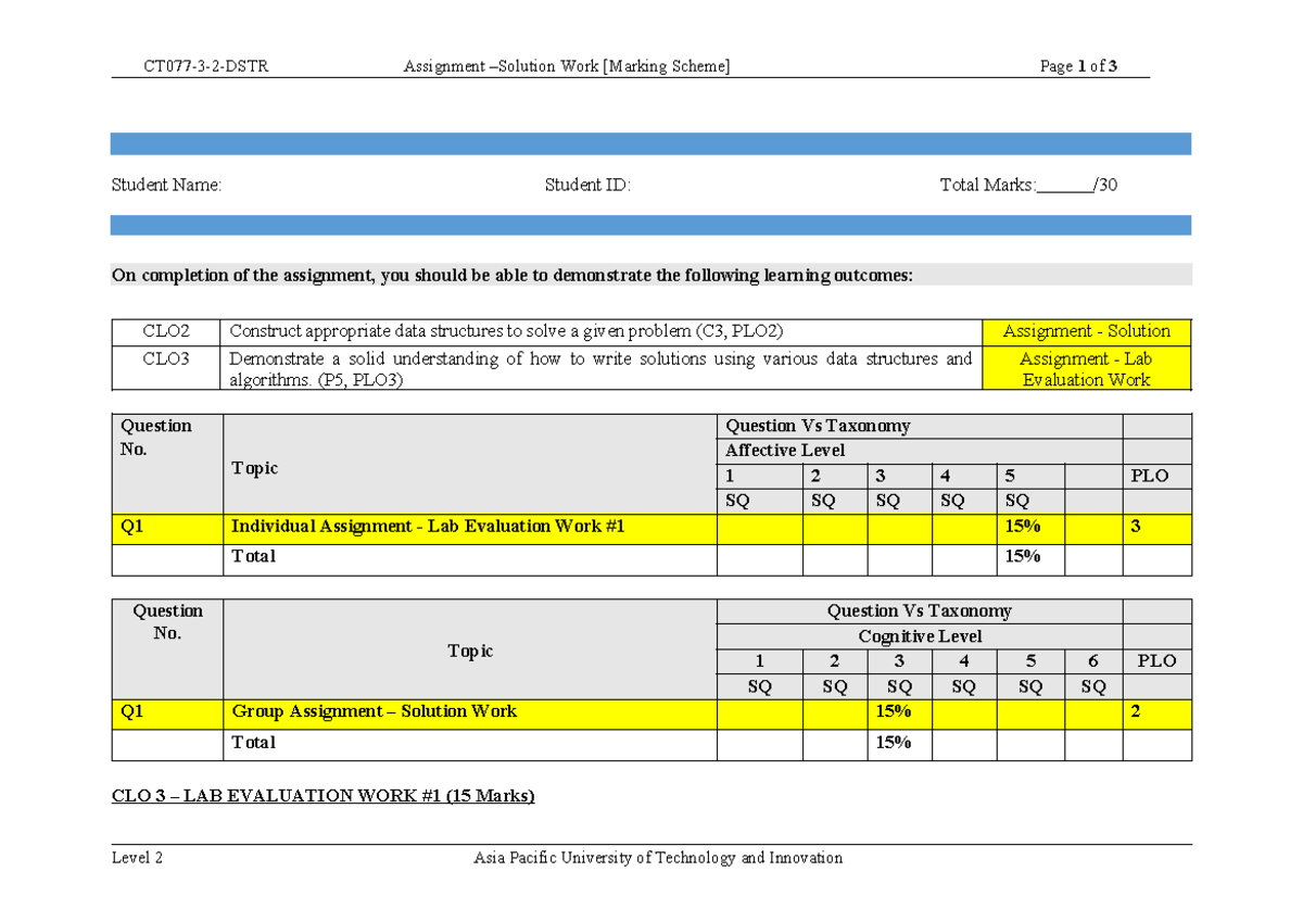 Assignment Task 1 - Marking Scheme for Data Structures (30 Marks) - Studocu