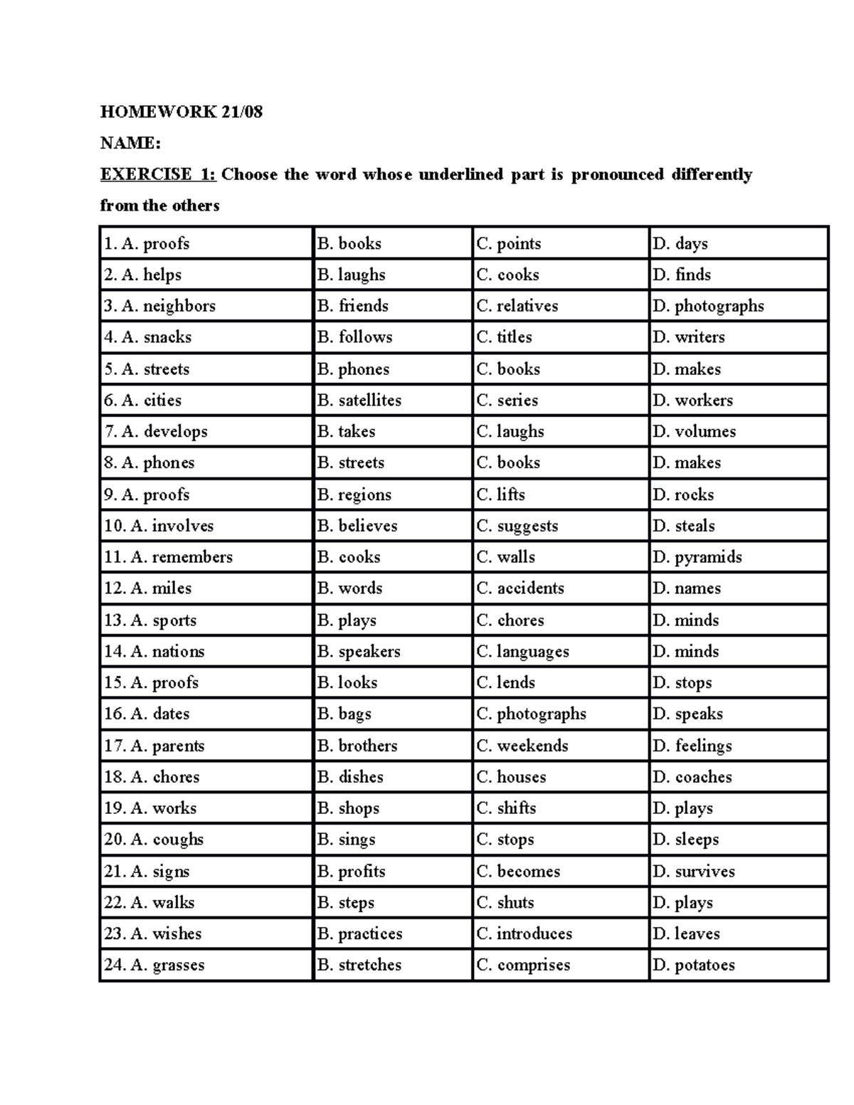 Homework 2108 S or ES - HOMEWORK 21/ NAME: EXERCISE 1: Choose the word ...