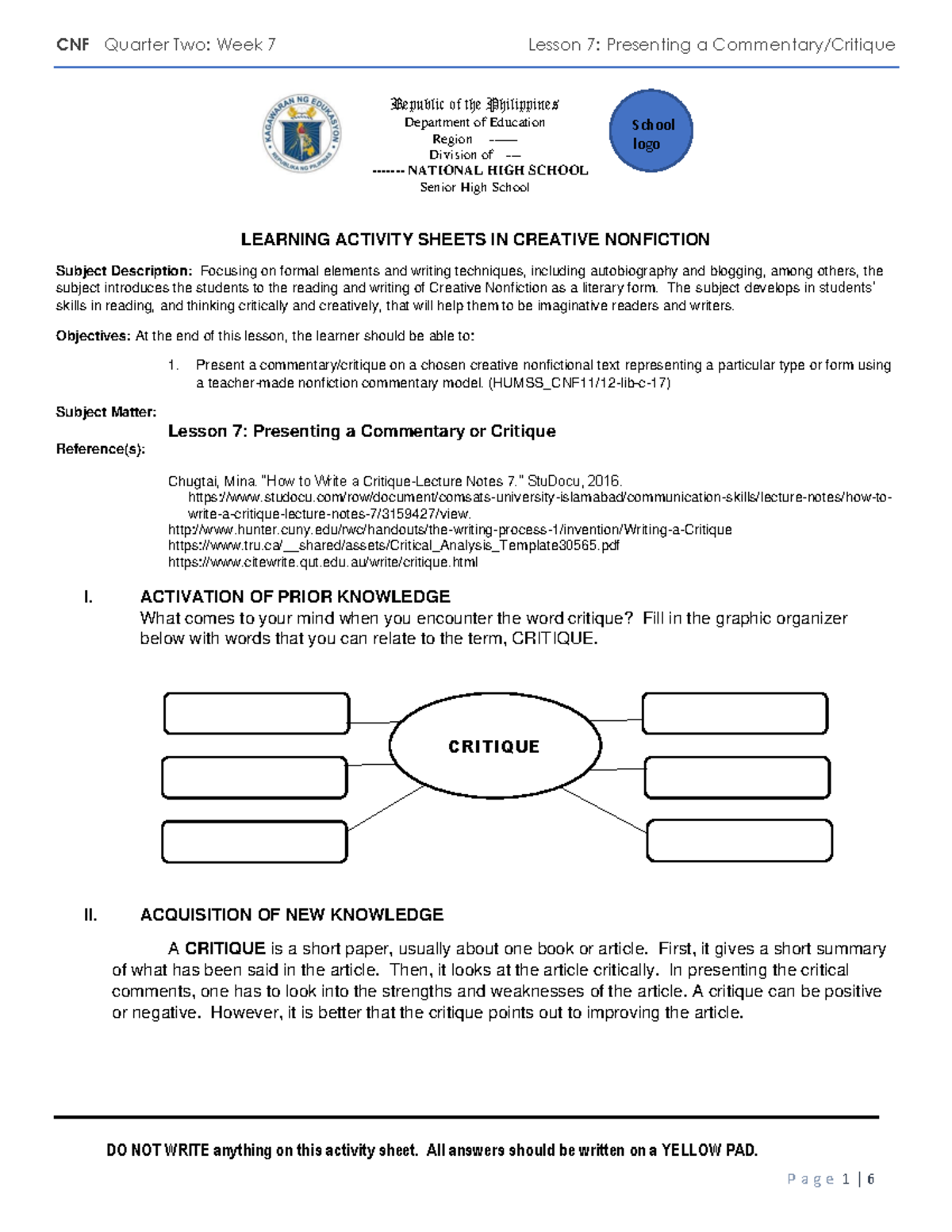 CNF 12: Week 7 Lesson 7 - Creative Nonfiction Commentary Guide - Studocu