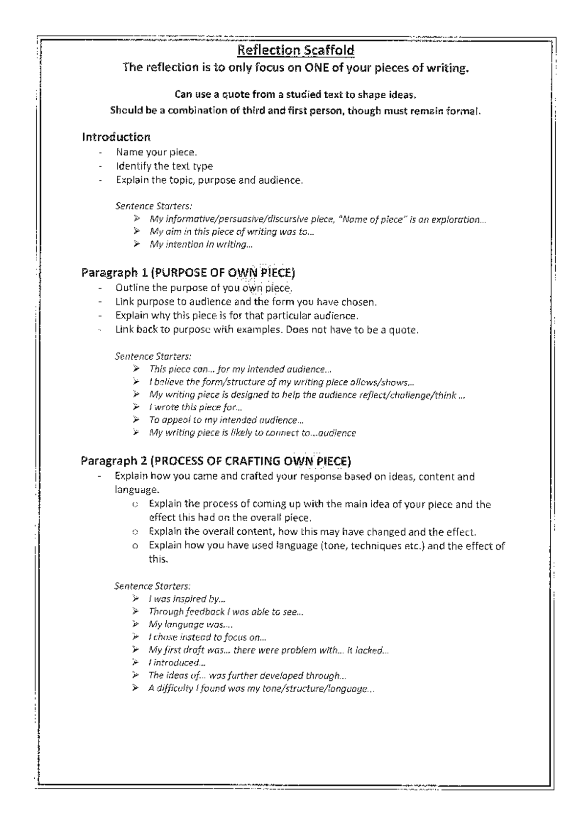 Reflection Scaffold: Writing Process and Purpose Analysis - Studocu