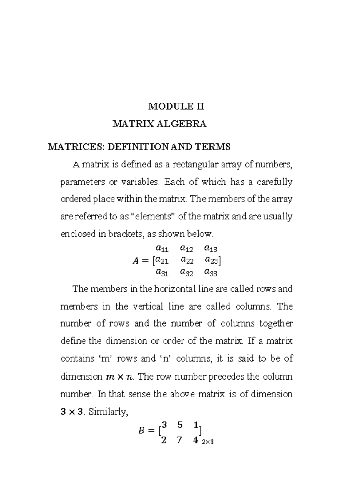MATH-101: Matrix Algebra Concepts and Operations Explained - Studocu