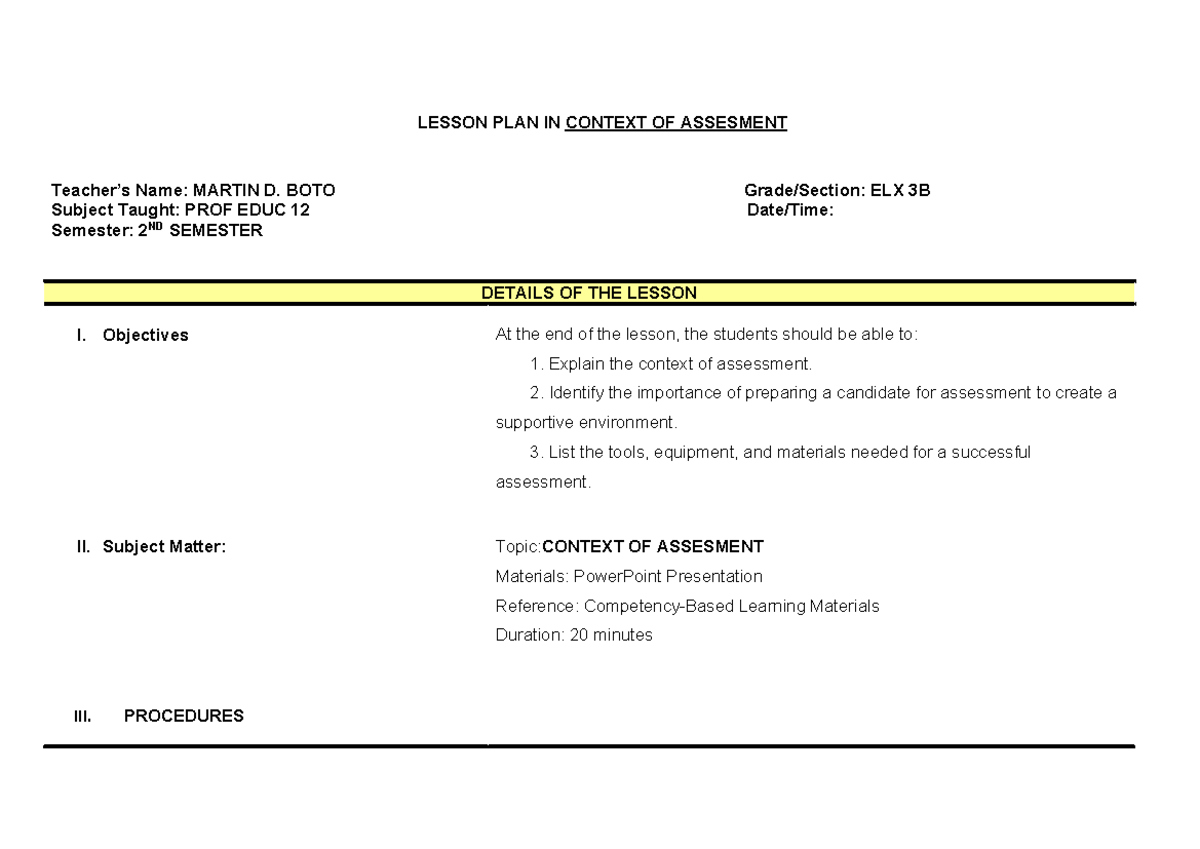 Lesson Plan: Context of Assessment for PROF EDUC 12 (Semester 2) - Studocu