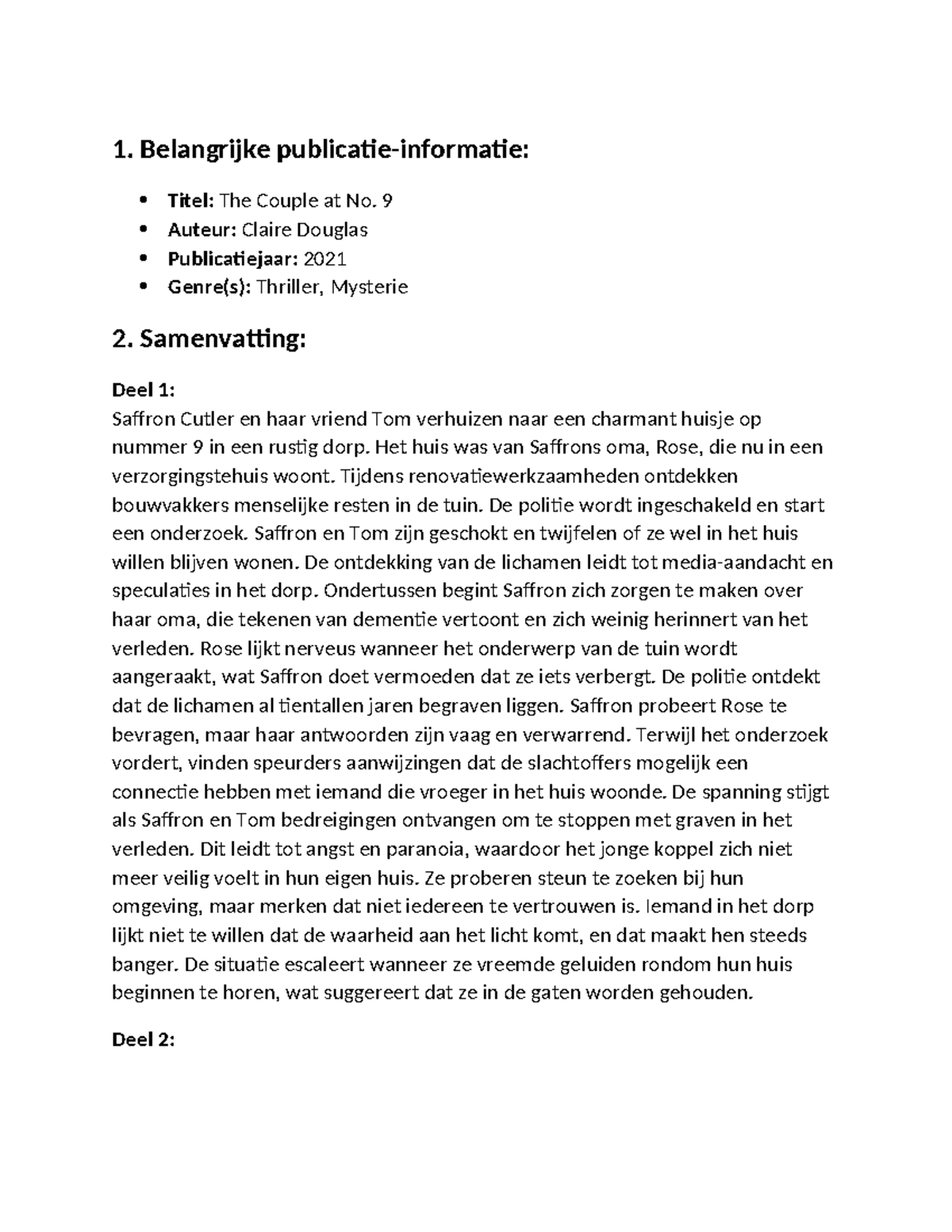 Engels Boek Verslag: 'The Couple at No. 9' - Thriller Analyse - Studeersnel