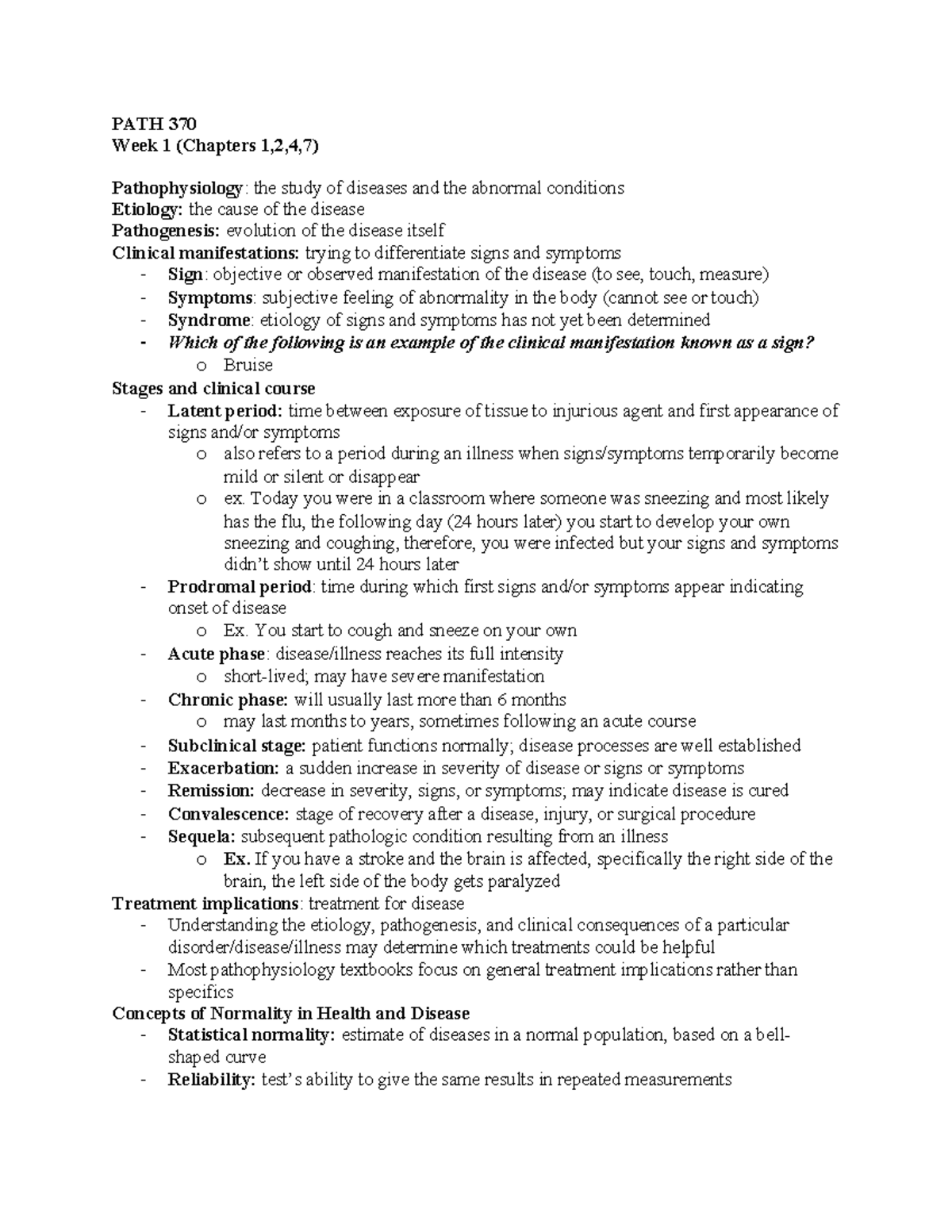 PATH 370 Week 1 Lecture Notes: Key Concepts in Pathophysiology - Studocu
