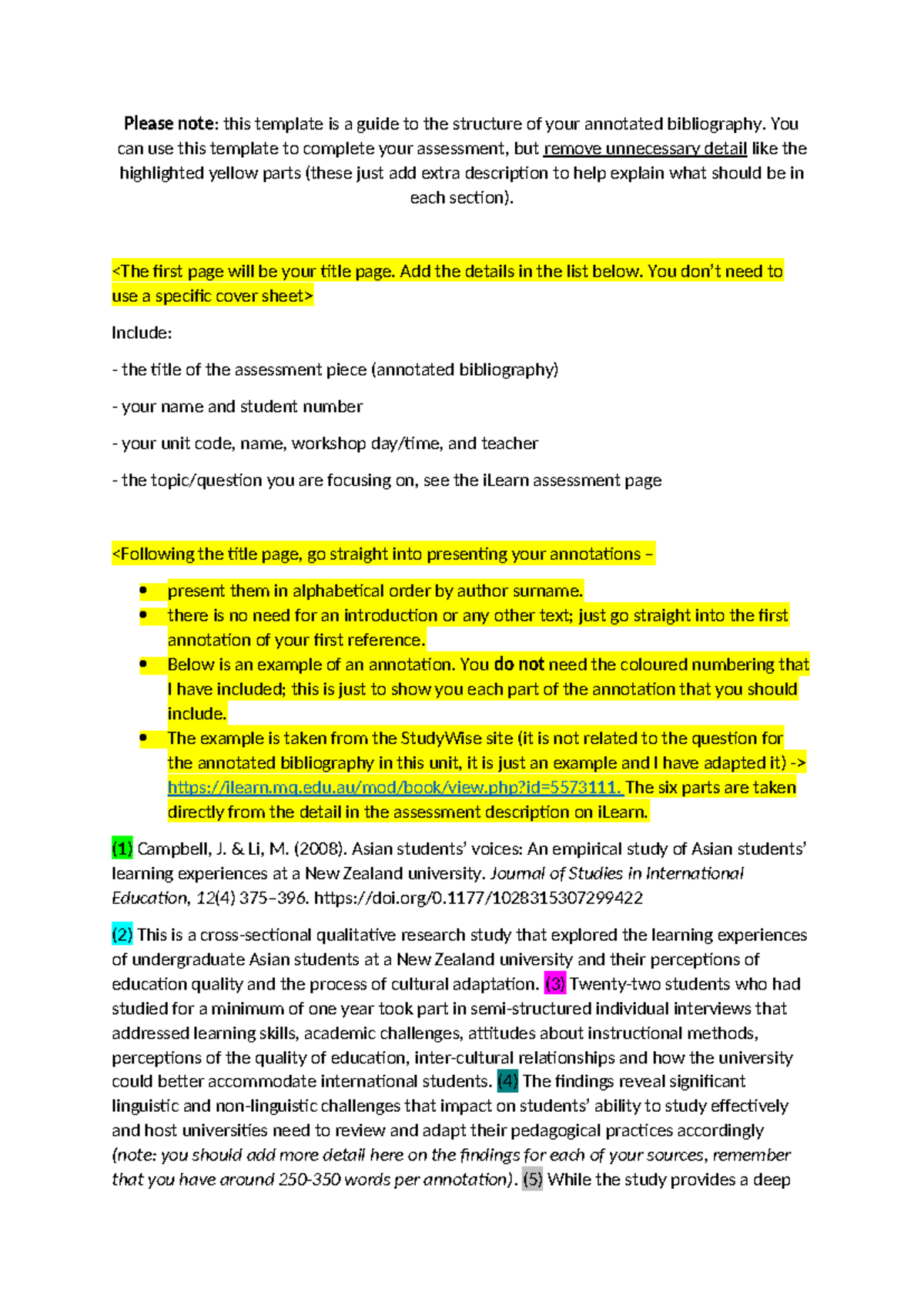 Annotated Bibliography Template for 6051 S2 2024 - Studocu