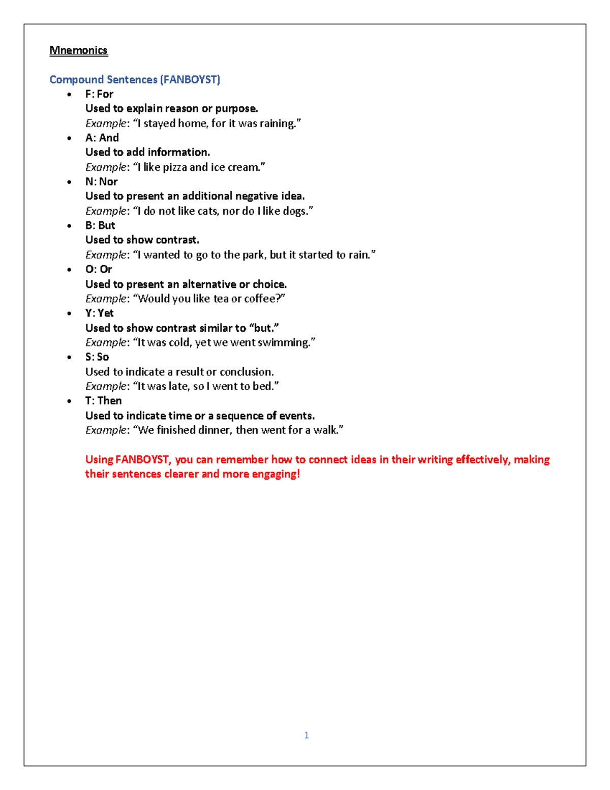 Mnemonics Examples Sentences