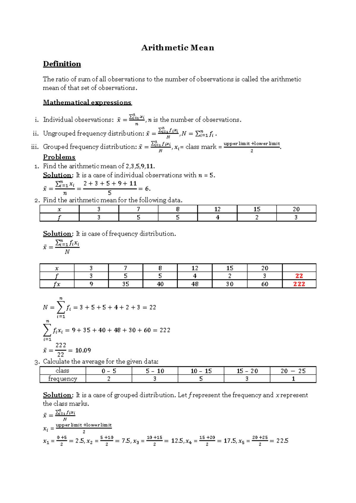 M1 T1 Arithmetic Mean: Solved Problems & Definitions - Studocu