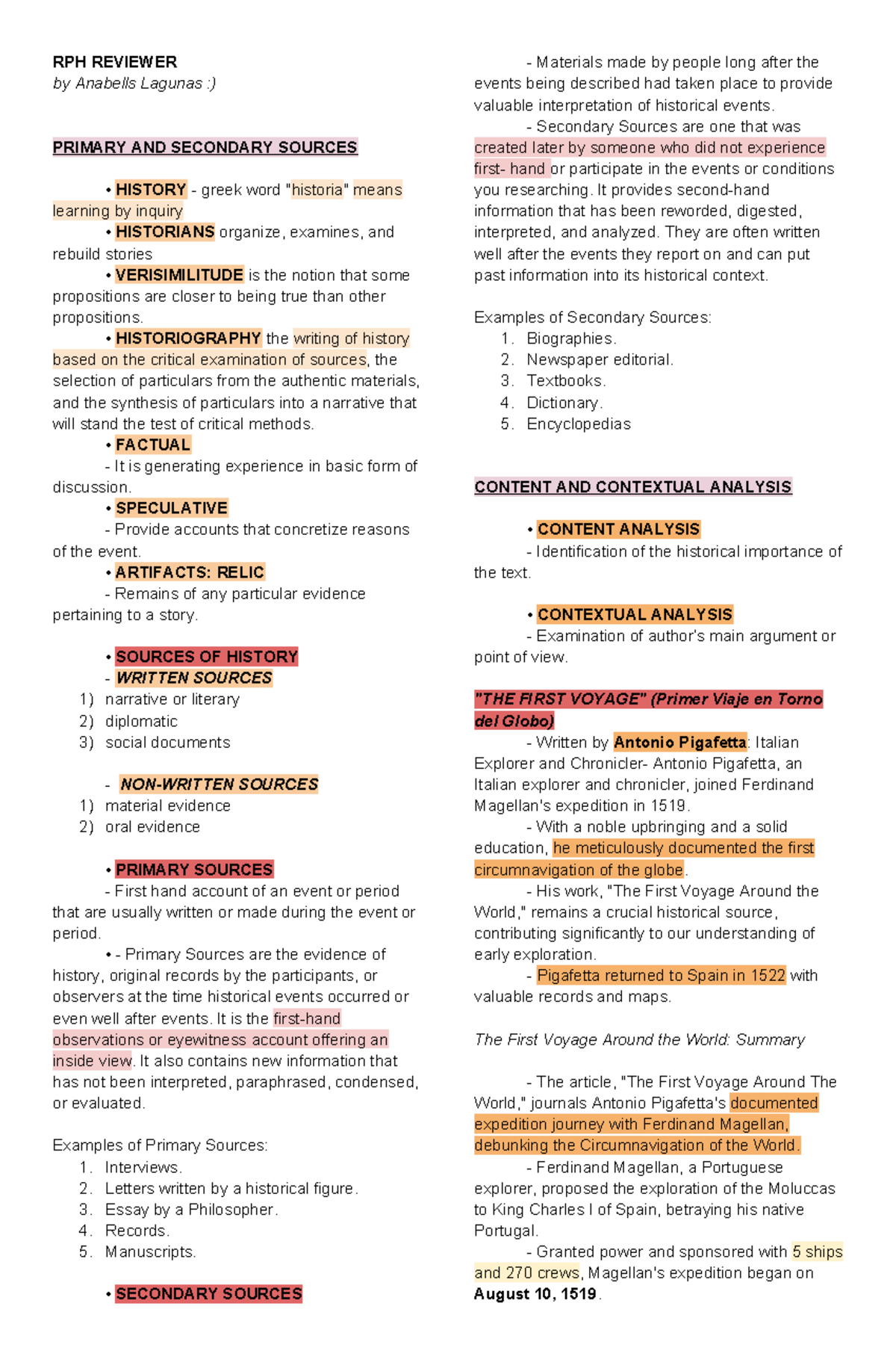 RPH 1st Sem: Comprehensive Reviewer on Historical Sources & Analysis ...