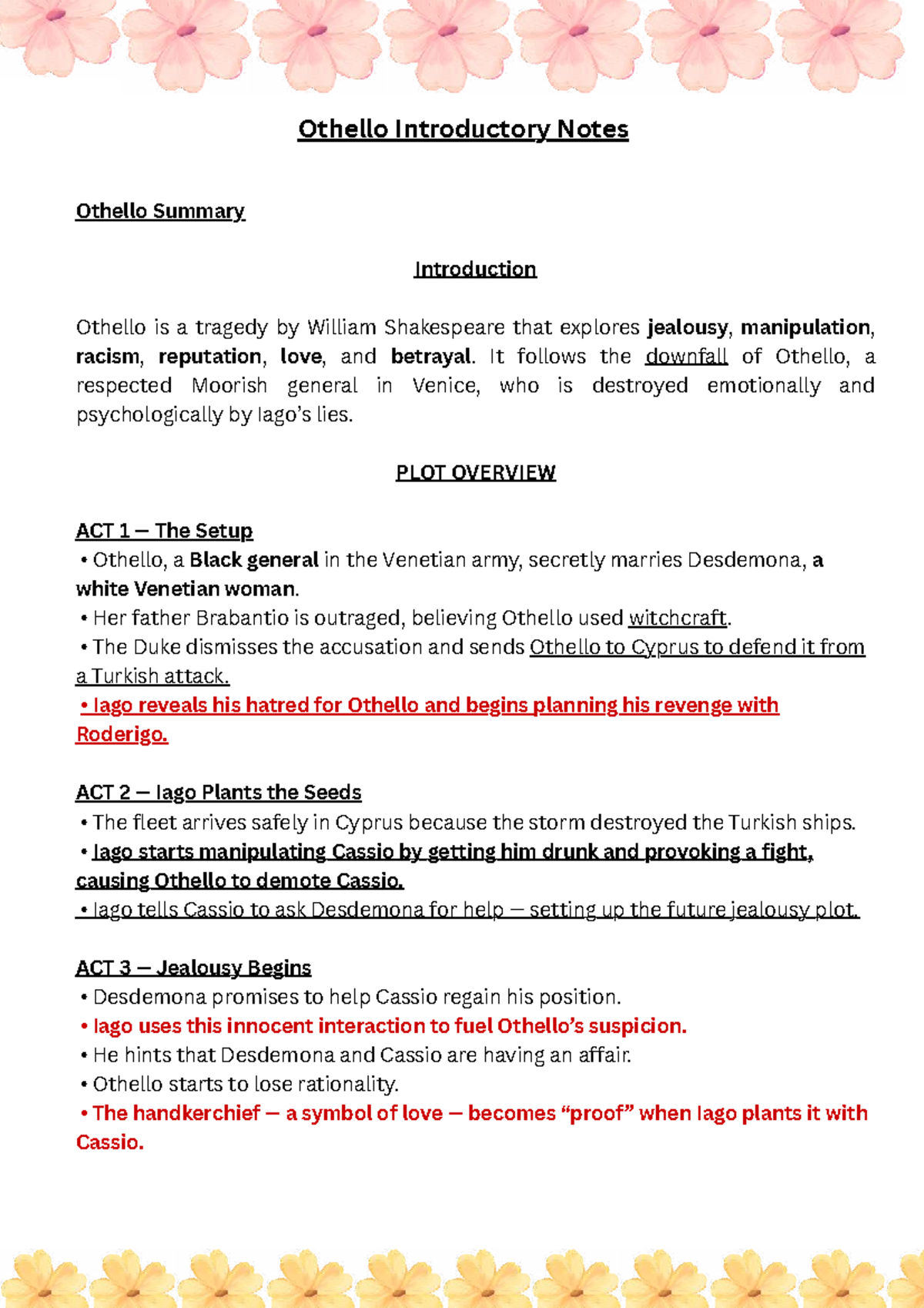 Othello (ENG 101) Introductory Notes & Summary Analysis - Studocu