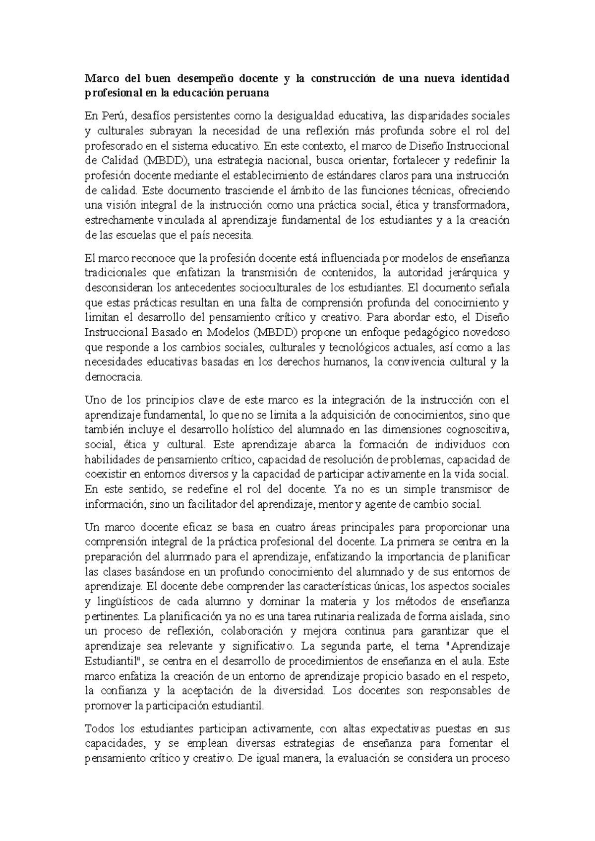 Ensayo sobre el MBDD y la Identidad Profesional Docente en Perú - Studocu