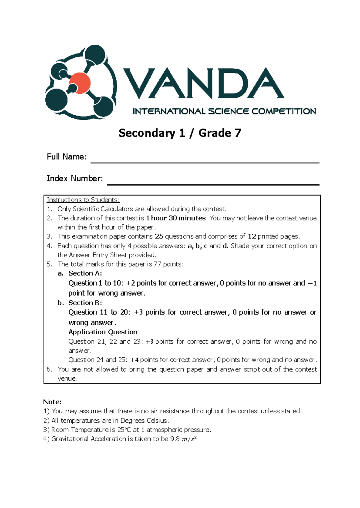Secondary 1-1 Science Contest - Instructions & Answer Key - Studocu