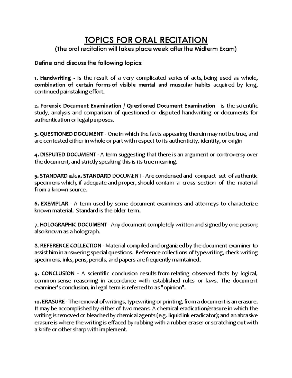 MIDTERM ORAL RECITATION TOPICS: FORENSIC DOCUMENT EXAMINATION - Studocu