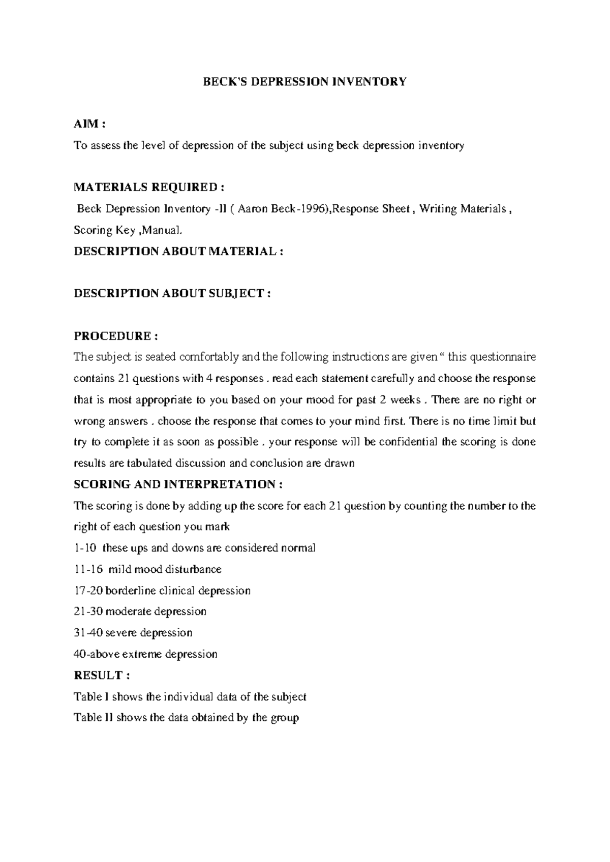 Beck's Methodology - RECORD - BECK'S DEPRESSION INVENTORY AIM : To ...