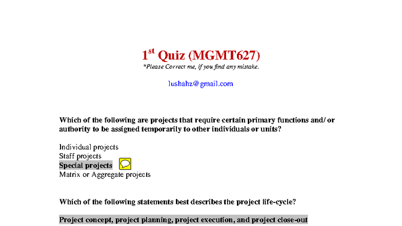 MGMT627 Quiz 1 Solutions: Project Management Concepts - Studocu