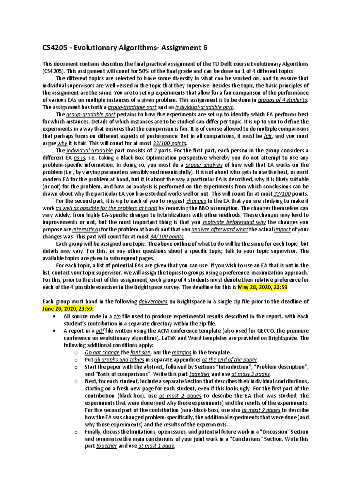 CS4205 Final Assignment: Exploring Evolutionary Algorithms in Practice ...