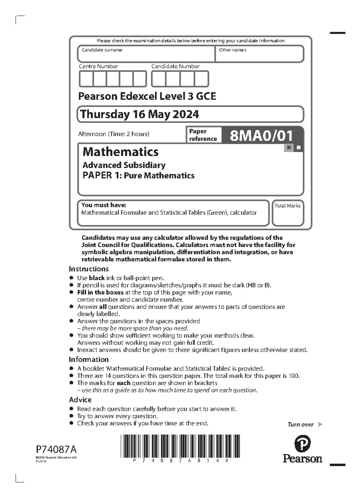 Mathematics AS Level Exam Paper 1: Pure Mathematics (PAPER 2432) - Studocu