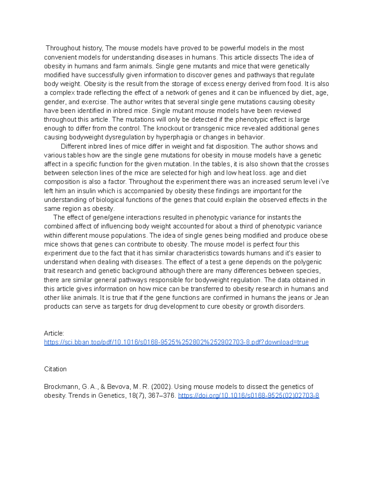 Written Assignment 5: Mouse Models for Obesity Research - Studocu