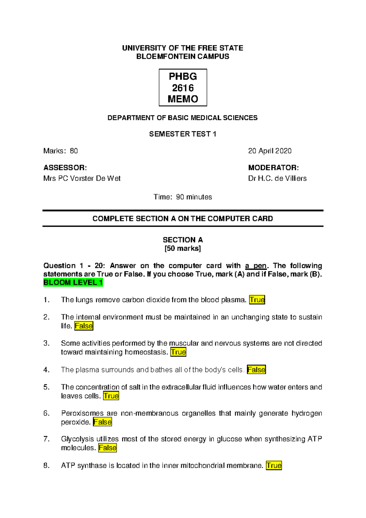 PHBG 2616 Semester Test 1 Memo - Basic Medical Sciences 2020 - Studocu