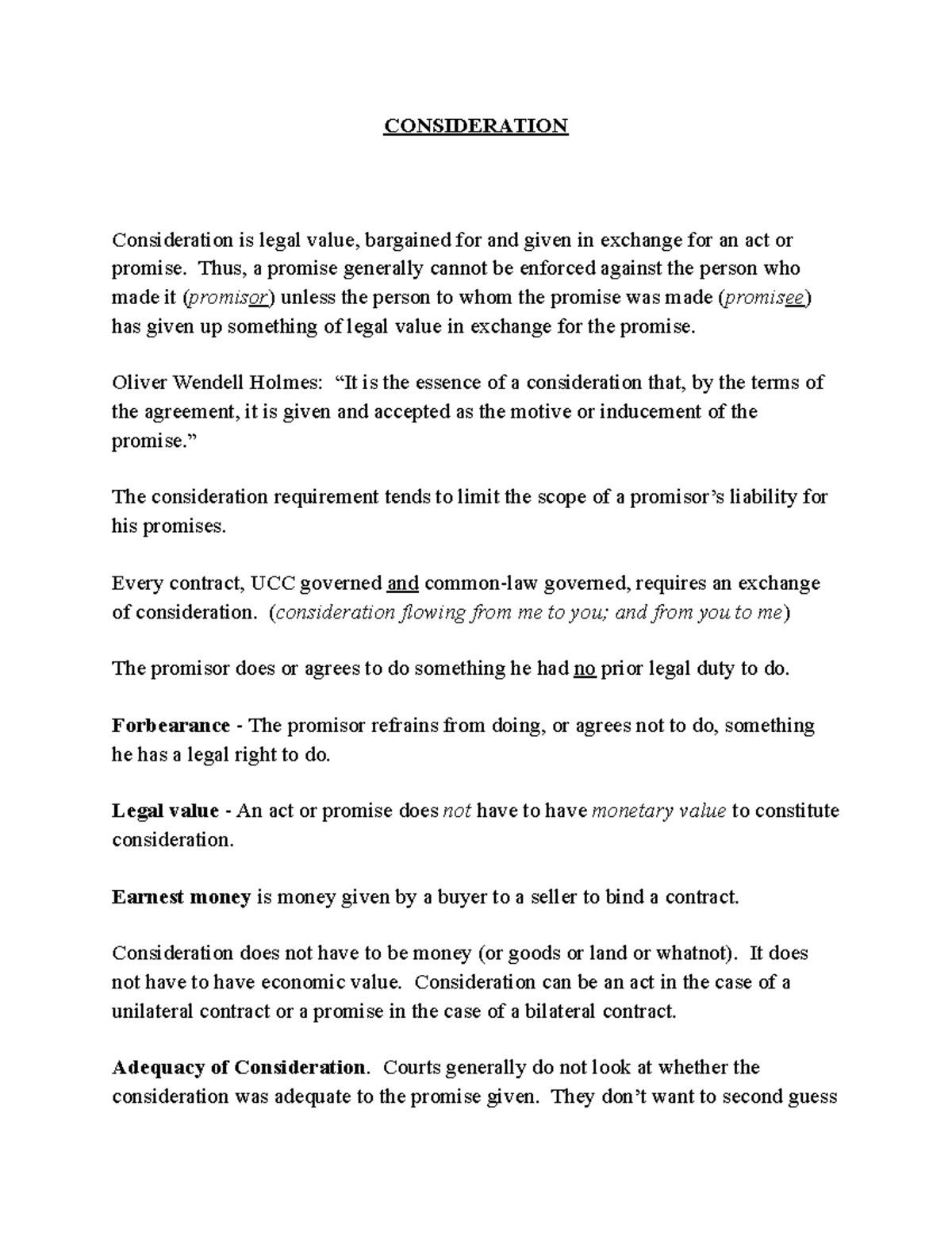 Consideration Chapter Notes - CONSIDERATION Consideration is legal ...